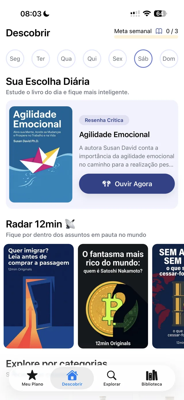 Tela de descoberta do app 12min